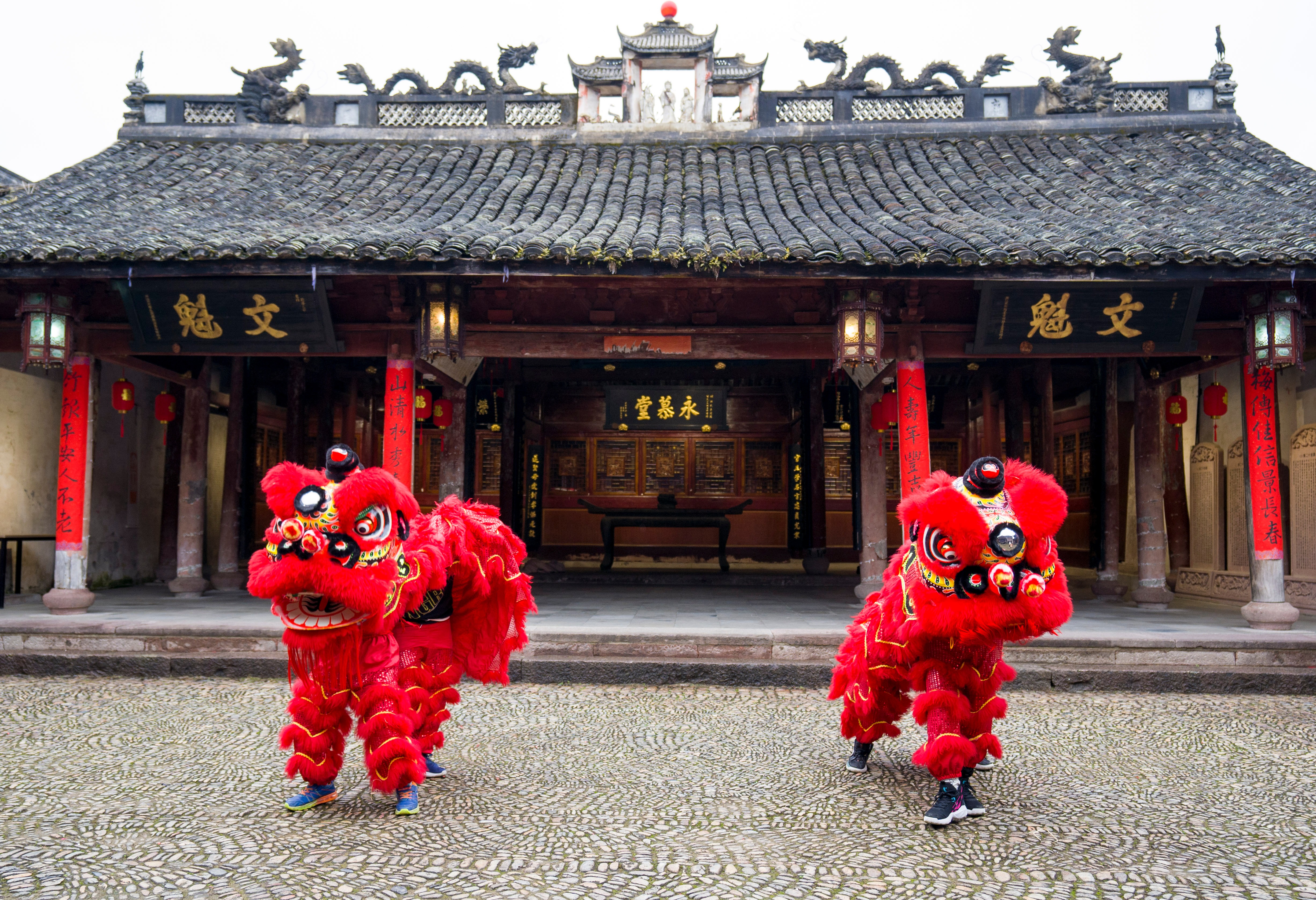 雄獅少年張鎮(zhèn)浩和舞獅隊的隊友們在前童鎮(zhèn)祠堂訓練 寧?？h教育局供圖.jpg